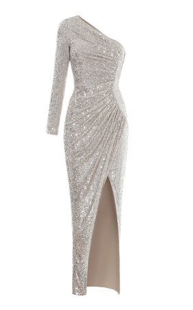 Rasario One Shoulder Draped Sequined Gown