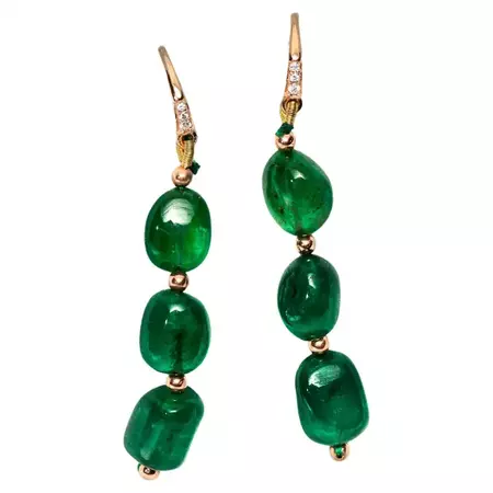 IGI 14K 20.50 Ct Emerald&Diamonds Antique Art Deco Style Hook Earrings For Sale at 1stDibs | art deco towel hook, emerald hoops earring