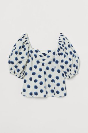Puff-sleeved Blouse - White/blue patterned - | H&M US