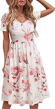 YATHON Womens Casual Summer Dress with Pockets Short Sleeve Cotton Sundress Ruched Bust V Neck Flared A Line Dresses at Amazon Women’s Clothing store