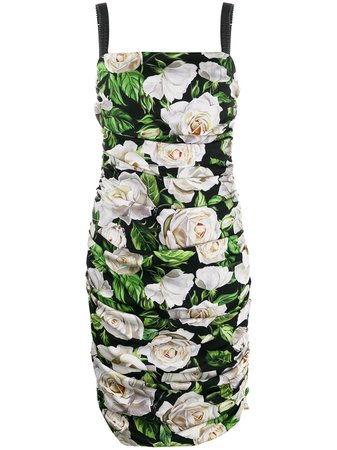 Dolce & Gabbana Ruched Rose-Print Mini Dress
