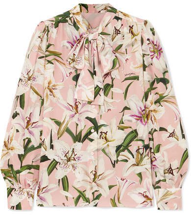 Pussy-bow Floral-print Silk-chiffon Blouse - Pink