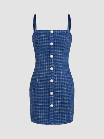 Tweed Faux Pearl Button Cami Short Dress - Cider