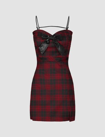 red and black plaid dress with bow