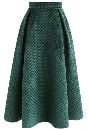 Fancy Sheen Quilted Velvet Skirt in Dark Green - Skirt - BOTTOMS - Retro, Indie and Unique Fashion