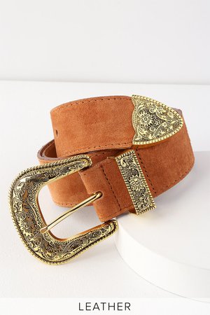Stylish Gold and Tan Belt - Suede Leather Belt - Engraved Belt