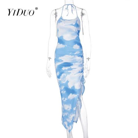 YiDuo Halter Tie Dye Print Drawstring Ruched Maxi Dress Women High Split Sexy Long Dress 2020 Blue Pink Skinny Club Party Dress|Dresses| - AliExpress