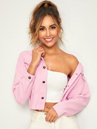 Pink Wash Frayed Hem Denim Jacket | SHEIN USA