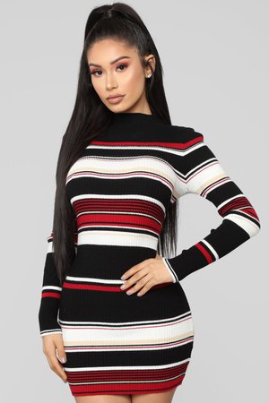 Amanda Stripe Sweater Dress - Black/Red