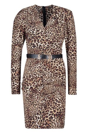 Leopard Ruched Front Belted Dress | Boohoo brown