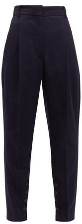 Buttoned Hem Tapered Leg Twill Trousers - Womens - Navy