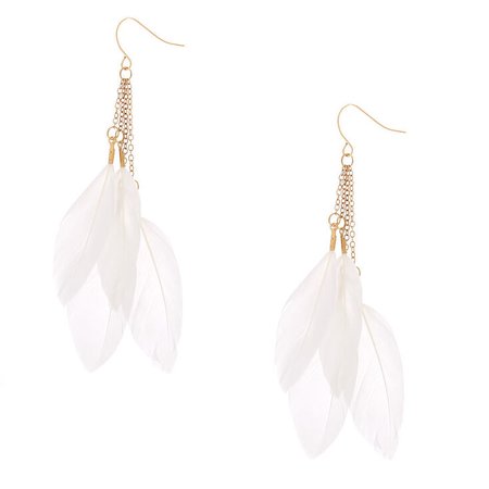 Gold 3" Feather Drop Earrings - White | Claire's US