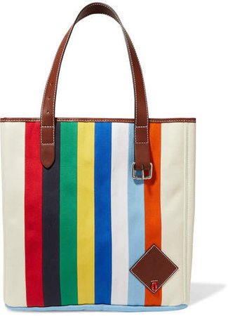 Belt Leather-trimmed Striped Canvas Tote - Blue