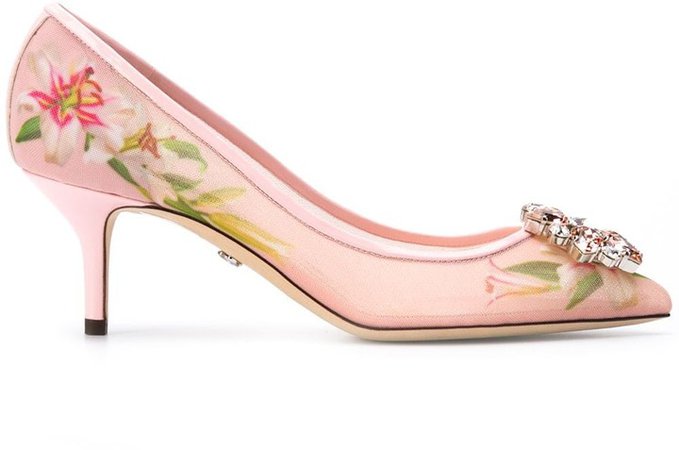 Lily Print Pumps With Brooch
