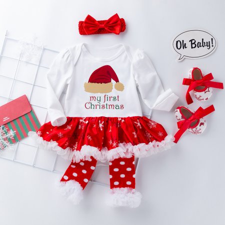 Baby 4-piece Christmas Long-sleeve Bodysuit Dress, Shoes, Oversleeves and Headband Set for Baby Girl at PatPat.com