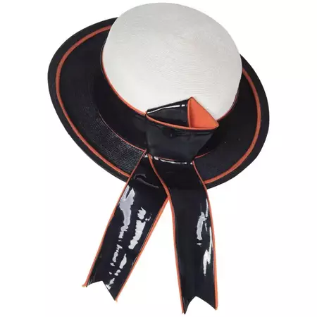 1960s Yves Saint Laurent Ivory and Navy Derby Hat Patent Leather Orange Hatband For Sale at 1stDibs