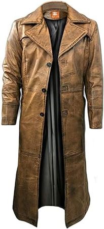 Brown Trench Coat, Distressed Leather, Vintage Style, Below Knee Long Coat, Original Lambskin Leather (XL, Brown distressed) at Amazon Men’s Clothing store