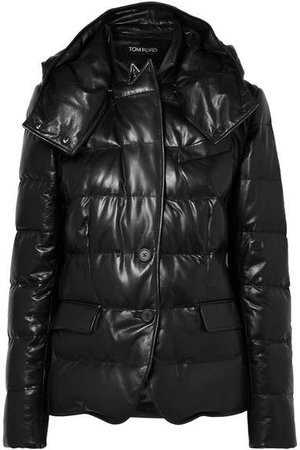 Hooded Quilted Leather Down Jacket - Black