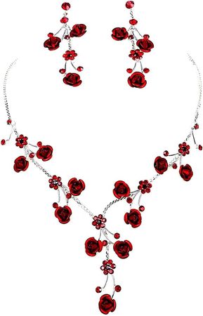 Amazon.com: Faceted Metal Rose & Crystal Rhinestone Necklace & Earring set for Bridal, prom (Red): Clothing, Shoes & Jewelry