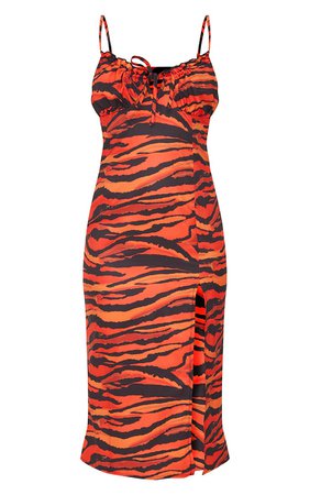 Orange Zebra Print Strapy Split Detail Midi Dress | PrettyLittleThing USA