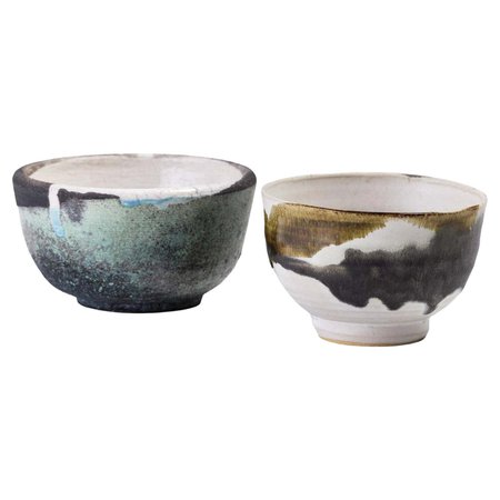 Japanese LAAB Cloud Tea Cups Raku Ceramic Natural Green Gold For Sale at 1stDibs
