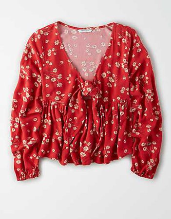 AE Long Sleeve Tie Neck Blouse red