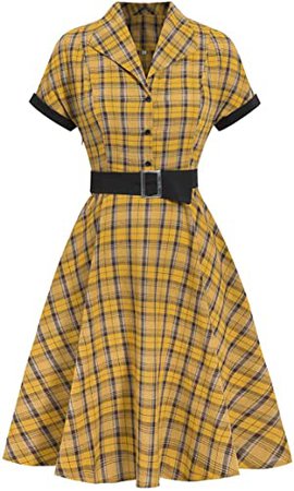 Wellwits Women's Black Yellow Check Shirt Collar Office Work Vintage Dress M at Amazon Women’s Clothing store