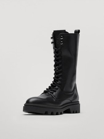 Black lace-up leather ankle boots with high leg - Women - Massimo Dutti