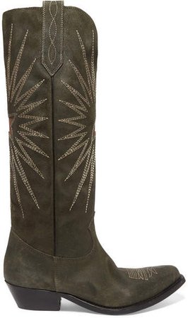 Wish Star Embroidered Suede Boots - Green