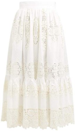 Embroidered Guipure Lace Cotton Blend Maxi Skirt - Womens - White