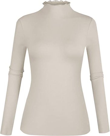 POPZONE Women's Lettuce Trim Mockneck Long Sleeve Slim Fit Ribbed Knit Tee Shirt (Apricot, Small) at Amazon Women’s Clothing store