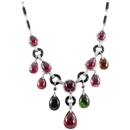 Multi-Color Cabochon Tourmaline Onyx Diamond Gold Drop Necklace For Sale at 1stDibs