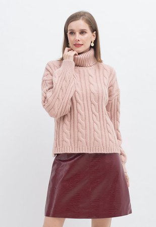 Turtleneck Cable Knit Crop Sweater in Pink - Retro, Indie and Unique Fashion