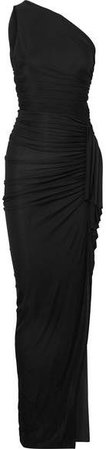One-shoulder Ruched Ribbed Jersey Gown - Black