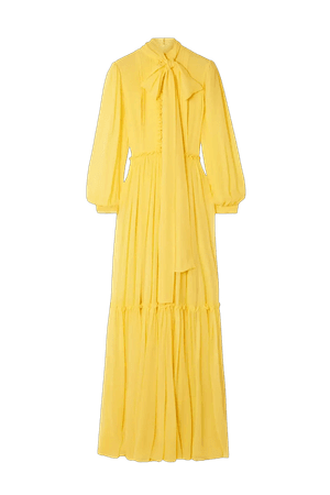 COSTARELLOS Vanna pussy-bow ruffled tiered silk-chiffon gown yellow
