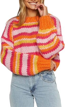 Leyajedol Women Oversized Sweaters Y2k Striped Cropped Sweater Color Block Long Sleeve Casual Crochet Fall Knitwear at Amazon Women’s Clothing store