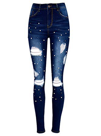 JeansForest Women's Stretchy Ripped Holes Skinny Distressed Denim Jeans,Dark Blue,X-Small