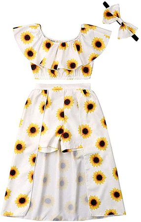 Amazon.com: Baby Girls' Sunflower Print Ruffles Off-Shoulder Crop Top Pantskirt Skirts Headband Outfits Set (Yellow, 3T): Clothing