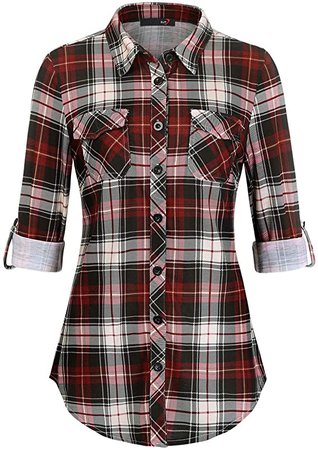 DJT Women’s Roll Up Long Sleeve Collared Button Down Plaid Shirt at Amazon Women’s Clothing store