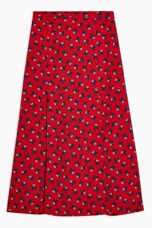 Red Floral Double Split Midi Skirt | Topshop