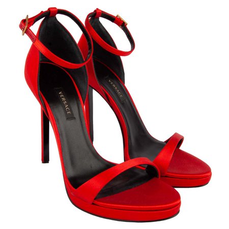 Versace Red Satin Heels with Gold Tone Hardware Size 41