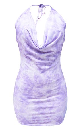 Lilac Tie Dye Halterneck Cowl Bodycon Dress | PrettyLittleThing USA