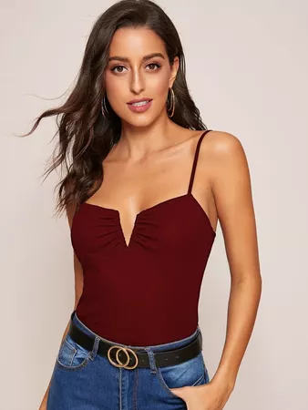 Notch Neck Ruched Front Rib-knit Cami Top | SHEIN USA