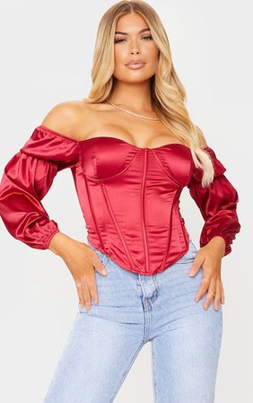 Scarlet Red Satin Bardot Balloon Sleeve Corset Top | PrettyLittleThing USA