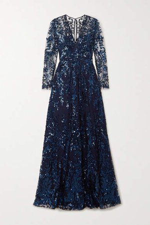 Sequined Tulle Gown - Navy