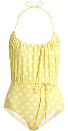 Charlotte Polka Dot Print Halterneck Swimsuit - Womens - Yellow Multi