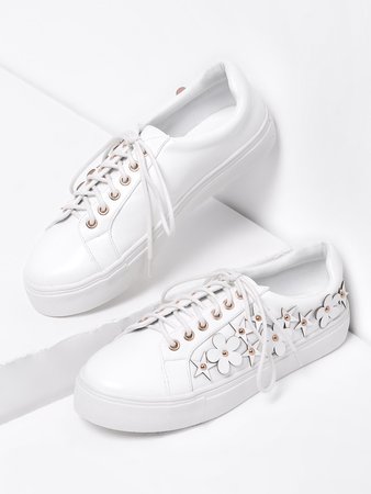 Flower Embellished Lace Up Faux Leather Sneakers