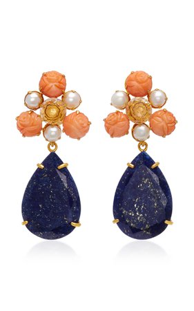 Gold-Plated Carved Bamboo Coral, Pearl, Clear Quartz and Lapis Earrings by Bounkit | Moda Operandi