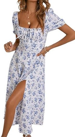 WDIRARA Women's Floral Print Tie Front Square Neck Short Sleeve Split Thigh Dress Blue and White L at Amazon Women’s Clothing store