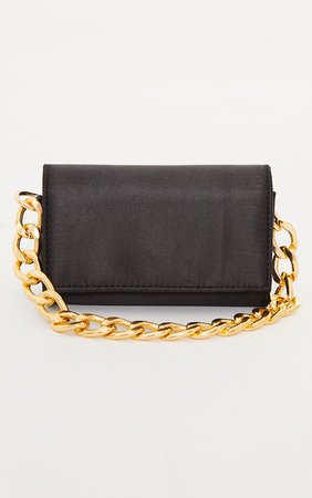 Gold Chain Black Satin Mini Grab Bag | PrettyLittleThing USA